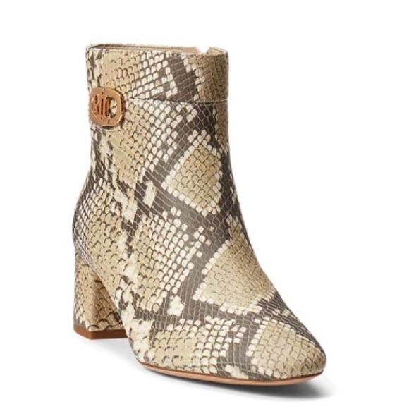 Nib Ralph Lauren Wynne II Python Embossed Leather Block Heel Booties Boots - Picture 2 of 16